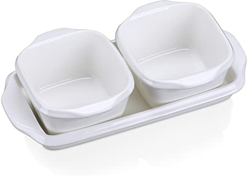 LOVECASA Backformen Set Porzellan, 1er rechteckige Auflaufformen + 2er mini Förmchen Set, mini Schälchen für Soufflé, Aufläufen, Snacksschalen, Weiß