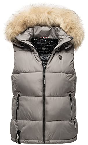 MARIKOO Damen Winter Weste Steppweste mit Kapuze und Fellkragen B896 [B896-Eisflöckchen-Grau-Gr.XS]