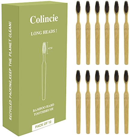 Colincie Extra Hard & Firm Bamboo Charcoal Toothbrush Long Head with Wide Thickened Handle Whitening Teeth Pack of 12, 12 Count (Pack of 1)