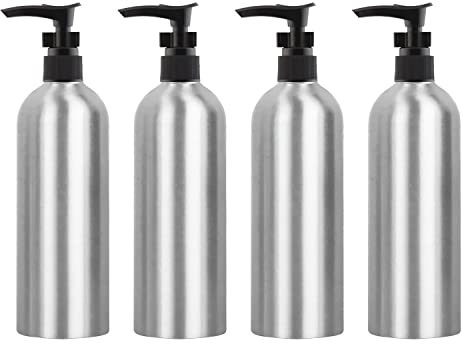 ZEOABSY 4 Pieces Empty 500ml Silver Aluminium Lotion Pump Bottle, Aluminum Bottles with Black LOCK Clip Pump, Metal Bottles for Cosmetic Bathroom Hotel Travel Essential Oil Shampoo Dispenser