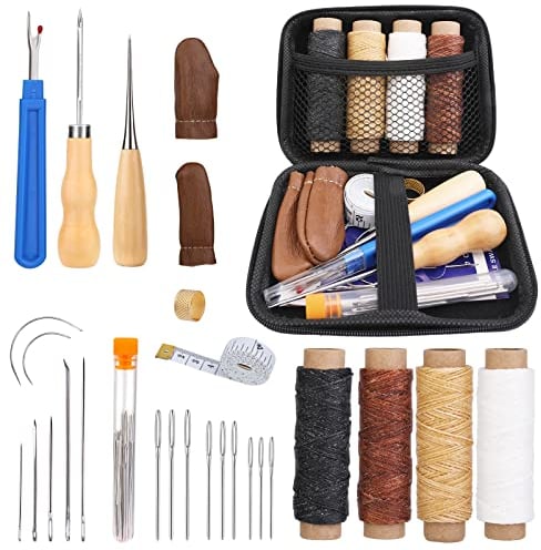 JUAYING Leather Sewing Kit, Upholstery Repair Kit Includes Wax Thread, Sewing Awl, Leather Sewing Needles of Various Sizes, and Seam Ripper, Leather Stitching Kit for Beginners or Leather Craft DIY