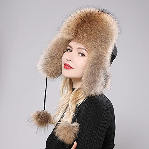 DEPAJA Russische Mütze Hats Damen Russische Uschanka Flieger Trapper Wintermütze Mütze Ohrenklappe Winter Bombermütze,Waschbär,52-61 См