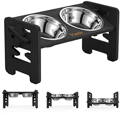 Vantic Raised Dog Bowl, Adjustable Dog Bowls on Stands, Small Elevated Hund Feeder, Bamboo Hund Feeding Station, Black