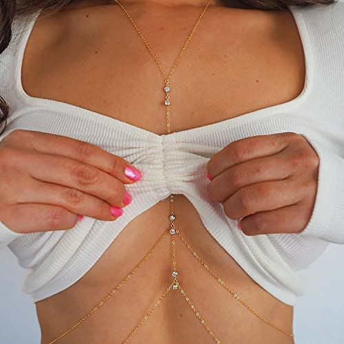 TseenYi Boho Kristall Körper Kette Gold Mit CZ Quaste und Strass - Geschichtete Halskette für Bikini, Party, Nightclub, BH und Strand Schmuck für Frauen und Mädchen