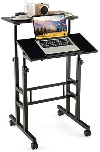GOPLUS Mobiler Labtoptisch, Sit-Stand Arbeitstisch mit Rollen, höhenverstellbarer Stehtisch, Schreibtisch zum Stehpult, Präsentationswagen, PC-Arbeitsstation für Zuhause&Büro(Schwarz)