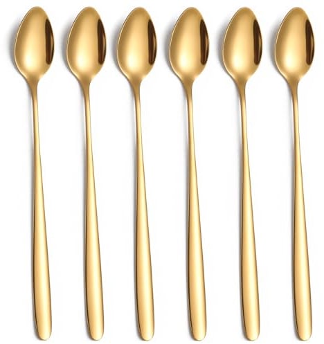 Tiokin Lot de 6 Cuillères à Latte Macchiato - Manche Long de 19,8 cm - Acier Inoxydable - Pour Café Glacé, Thé Glacé, Milkshake, Boissons Fraîches (Doré)