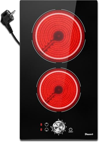 Glaskeramikkochfeld Disaenvir, 2 Platten 3000W, Kochfeld 30cm, Kochfelder Autark Stecker in, 9-Leistungsstufen, Knopfsteuerung, Schwarz
