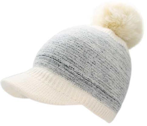 dy_mode Warme Damen Strickmütze mit festem Schirm, gefüttert und zweifarbig - Winter Schirmmütze mit Bommel - A500 (DE/NL/SE/PL, Alphanumerisch, Einheitsgröße, A500-CremeweißGrau)