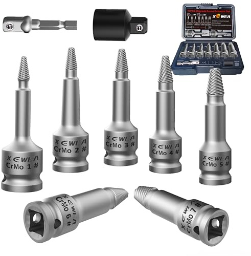XEWEA Lot de 11 extracteurs de vis de 0,95 cm avec adaptateurs, kit de retrait de vis multicannelure facile à retirer, outil 2 en 1 pour enlever les goujons rouillés, gelés ou cassés, boulons, vis