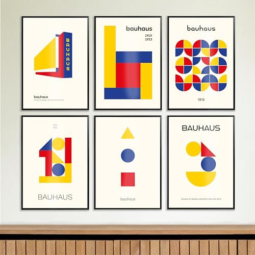 6 X Premium Bauhaus-Poster-Set | 29,7 x 21cm | DIN-A4 | Kunstdruck, Vintage Wandkunst, Abstrakte Plakate für Wand im Wohnzimmer, Schlafzimmer | Aesthetic, Minimal Wandbilder | 240g/m2 | OHNE RAHMEN
