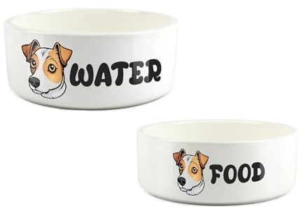 Jack Russell Pet Bowl Set - Cartoon Dog Novelty Ceramic Food & Water Bowls - Small & Large White Feeding Dishes For Dogs (Set of 2)