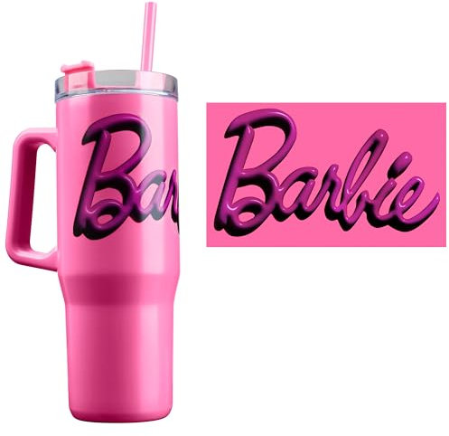 Barbie Vaso Termico con Pajita y Asa Tapa, Aislamiento Termo Cafe Acero Inoxidable Doble Pared 940ml, Bebidas Frías 17H Calientes 8H Hielo 45H