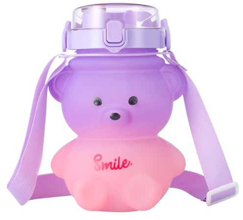 Radsocken Bouteille d'eau avec paille et sangle, motif ours kawaii - 1100 ml - Bouteille d'eau portable - Anti-fuite - Sans BPA - Pour enfants, école, bureau, voyage
