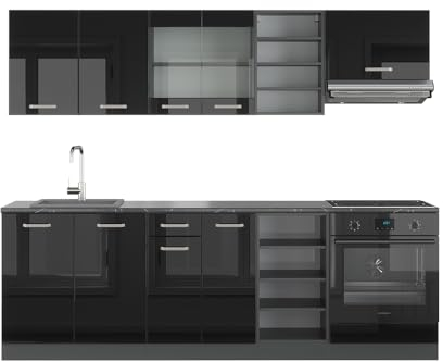 Vicco Küchenzeile R-Line, Schwarz Hochglanz/Anthrazit, 240 cm, AP Anthrazit