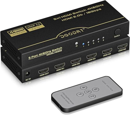 Conmutador HDMI 4K 5 en 1 salida 4K a 60Hz, 5 puertos 5x1 HDMI con control remoto e interruptor automático para TV PS5, Xbox, PC, monitor, Fire Stick, consolas de juegos