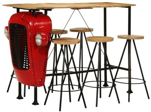 vidaXL Bar Set 7-TLG., Bartisch mit Barhocker Set Stahlgestell, Stehtisch Traktor-Design, Küchentisch Barstühle Sitzgruppe, Massivholz Mango