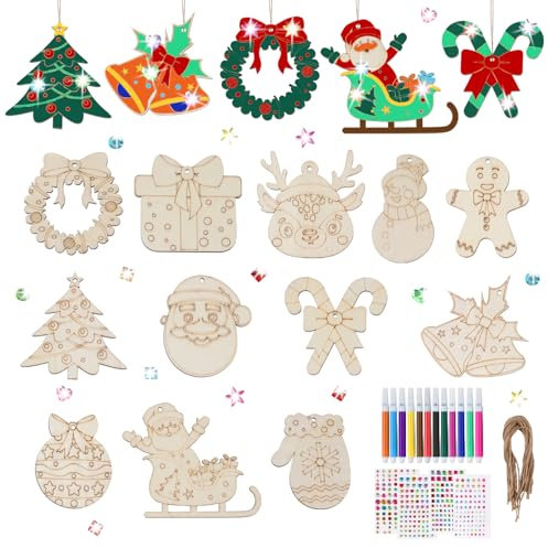 Maxmoc Holzanhänger Weihnachten, Christbaumschmuck Holz zum Bemalen, 24 Stück Weihnachtsanhänger Holz mit 12 Aquarellstifte, 4 Glitzersteine und Juteseil für DIY Basteln, Weihnachtsbaum Anhänger