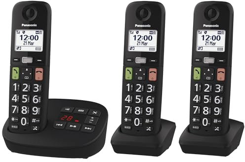 Panasonic KX-TGU133EXB digitales schnurloses Telefon mit Anrufbeantworter, Basisstation & 3 Mobilteile, LCD-Display, große Tasten, Favoriten-Taste, hörgerätekompatibel, Schwarz