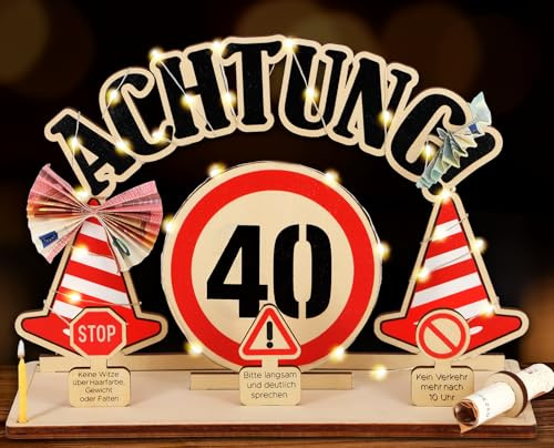 Giftota Lustige 40. Geburtstag Geldgeschenke Holz mit LED Lichterkette - Auffällige Verkehrsschilder - Geschenke zum 40 Geburtstag Mann Frau, 40 Geldgeschenke Verpackung
