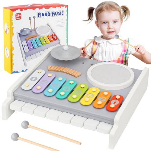 Ensemble de batterie pour tout-petits, 5 en 1, en bois naturel, instruments de musique avec clavier de piano, xylophone, jouet Montessori, cadeau d'anniversaire pour garçons et filles
