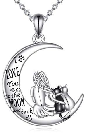 HUKKUN Katze Halskette Sterling Silber Katze Mond Halskette für Frauen Katze Schmuck Geschenke für Katzenliebhaber
