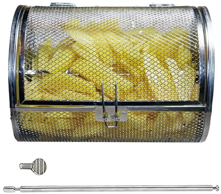 Rotating Grill Basket, Stainless Steel Air Fryer, 5.51x7.09in Round Coffee Roaster, Rotisserie Grills, Portable Cage for Nuts, French Fries, Beans, BBQ, Camping, Baking