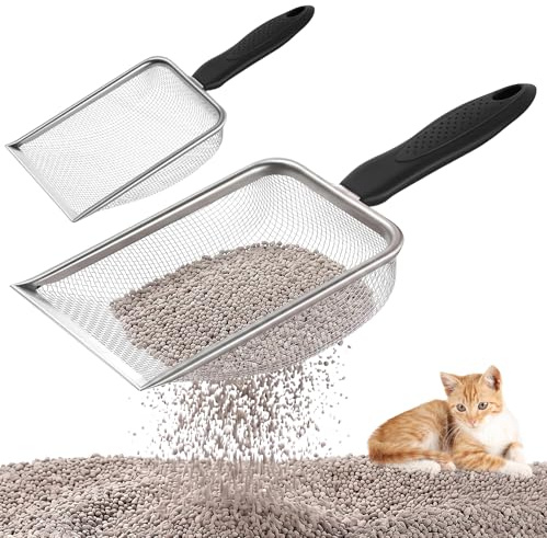 2 Pcs Pala Arenero Gato de Metal, Pala para Arenero de Gatos, Palas de Arena de acero inoxidable de malla fina de 2 x 2 mm para Gatos, hámsteres, pájaros y Reptiles