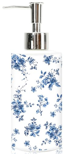 JarThenaAMCS Blue Floral Soap Dispenser Glass Dispenser with Pump Refillable Chinoiserie Flower Liquid Soap Container for Home Kitchen Bathroom Countertop