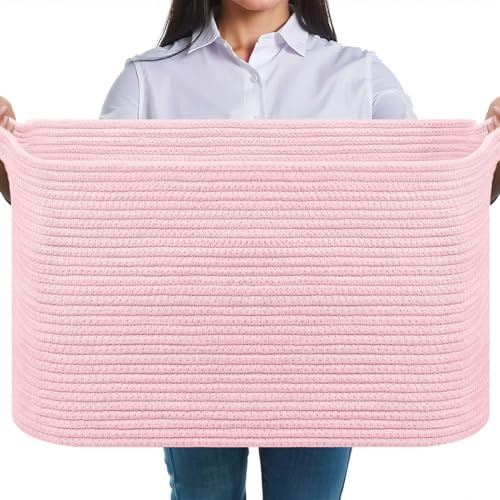 JOJOSEE Faltbarer Wäschekorb, 63L Aufbewahrungskorb Hellrosa | Geflochten Aufbewahrungskorb mit Henkel, Laundry Baskets aus Baumwolle, Ideal für Decken, Kleidung, Kuscheltier, Spielzeug