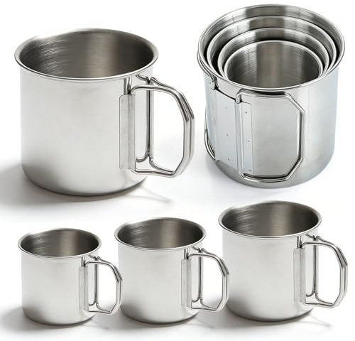 Juego de 4 vasos para camping, acero inoxidable 304, vasos de camping con mango plegable, taza de acero inoxidable, vajilla ligera para café, té, picnic, senderismo, 250 ml/350 ml/500 ml/700 ml