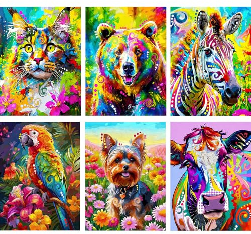 Jawecci 6 Stück Tiere Diamond Painting Erwachsene 30x40cm | 5D Bunte Tiere Diamant Painting Set, Diamond Kunst Komplett Set für Anfänger Kreative Freizeit Home Wand Dekoration