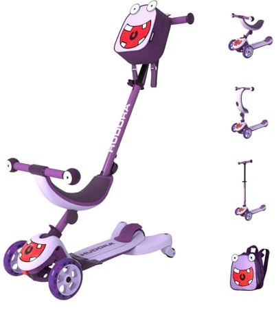 HUDORA 4‑in‑1 Kinder Scooter im Monster‑Design – Flexibles Rutscherfahrzeug und Tri‑Scooter – LED‑Räder und Rucksack – höhenverstellbar – ab 12 Monaten – Sitzen und Fahren – Jungen und Mädchen