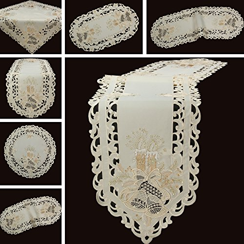 Bezaubernder Weihnachten Tischband/Tischläufer Creme-Weiß mit Gold Kerzen Glocken Stickerei - Größe wählbar (ca. 45 x 170 cm Oval)