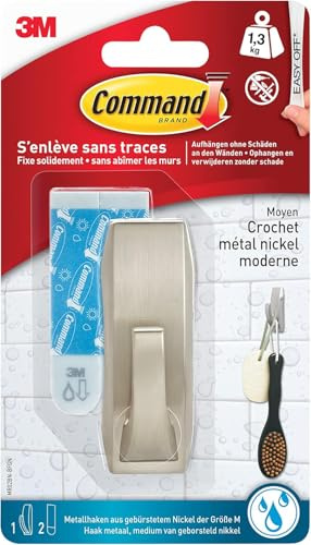 Command Bad Medium Metallhaken, Nickel satiniert - 1 Haken und 2 wasserfeste Strips - Organisieren ohne Löcher und Bohren - Haltekraft bis zu 1,3 kg
