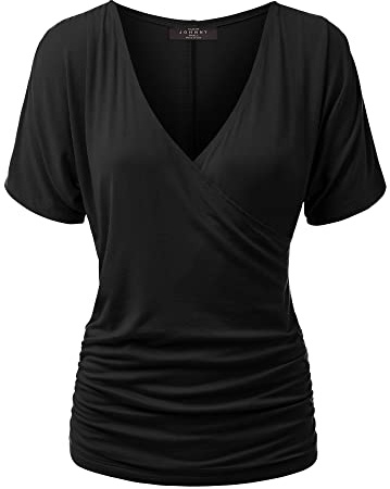 Made By Johnny MBJ WT1118 Womens V Neck Short Sleeve Wrap Front Drape Dolman Top XL Black