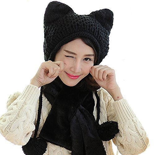 BIBITIME Damen-Mütze, Katzenohren, gehäkelt, geflochten, gestrickt, warm, Snowboarden, Winter, Schwarz, Einheitsgröße