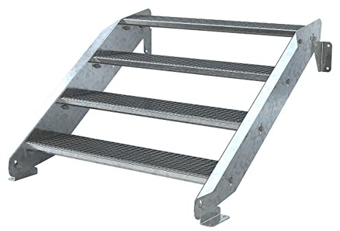 Außentreppe 4 Stufen 110 cm Laufbreite - ohne Geländer - Anstellhöhe variabel von 62 cm bis 84 cm - Gitterroststufe ST3 - feuerverzinkte Stahltreppe mit 1100 mm Stufenlänge als montagefertiger Bausatz