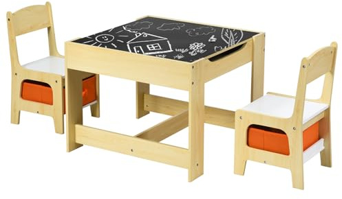 COSTWAY 3 in 1 Set Tavolo e Sedie per Bambini con Lavagna Rimovibile, Legno