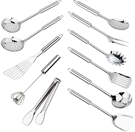 TENTA KITCHEN 11PCS Set di Utensili da Cucina in Acciaio Inox Set di Utensili da Cucina pentole Utensili da Cucina Strumenti di Supporto Acciaio Inossidabile spatola Frusta Spaghetti Server Mestolo