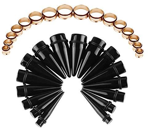 Crdifu 32 Stück Ohr Dehnstäbe Set (Ohrdehner & Ohrtunnel), Acrylic Dehnungstab & Chirurgenstahl Tunnel, 6-20mm Großes Dehnset, Schwarz Rosegold Ohr Expander Piercing, Ear Streching Kit