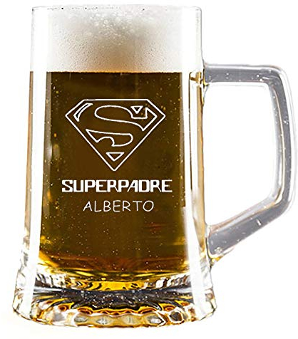 Regalo personalizado para padres: jarra de cerveza ‘superpadre’ grabada con su nombre en estuche de cartón.
