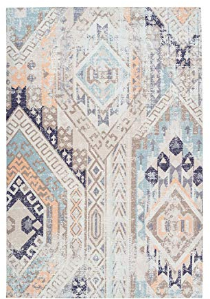 One Couture Vintage Teppich Ethno Design Azteken Maya Inka Muster Teppiche Creme Blau Beige Wohnzimmerteppich Esszimmerteppich Teppichläufer Flur-Läufer, Größe:80cm x 150cm