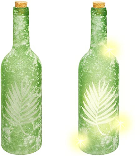 2 Stück Glas - LICHT Dekoflaschen - 5 Stück LED - Tropische Blätter/Palmen Blatt/Farn - oliv grün - Lichtflaschen/Flaschen mit Licht - 30 cm - Batteri..