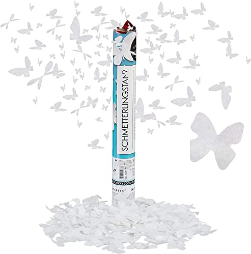 Relaxdays 5 x Party Popper Schmetterling, 6-8 m Effekthöhe, Hochzeit & Verlobung, Papierkonfetti, Konfettikanone 40 cm, weiß