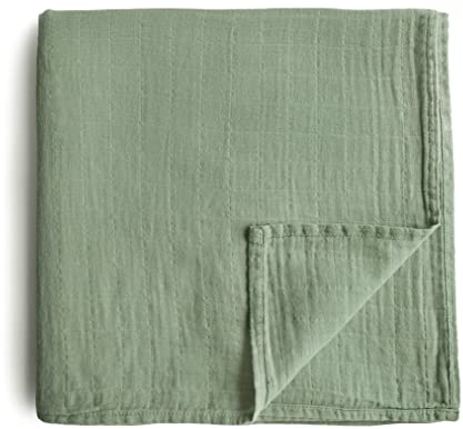mushie Puckdecke aus Musselin für Babys | Geburt 0-3 Monate | Bio-Baumwolle | Babyschlafsack | vorgewaschen | Empfangsdecke | hergestellt in Dänemark | Sage