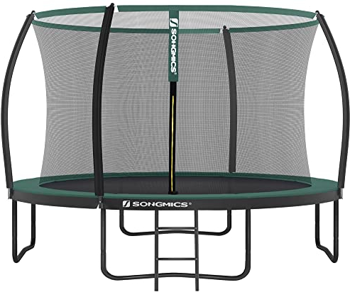 SONGMICS Trampolin 366 cm d, Gartentrampolin für Kinder mit Sicherheitsnetz, 180 cm hohe gebogene Stangen, Randabdeckung, Leiter, Stahlrahmen, schwarz-dunkelgrün STR122C01