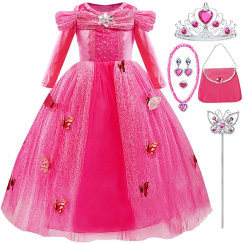 LiUiMiY Vestito Principessa Bambina Carnevale Abito Costume Bambini Manica Lunga Halloween Natale Festa Nuziale Rosa, 116-122 (Etichetta 120)