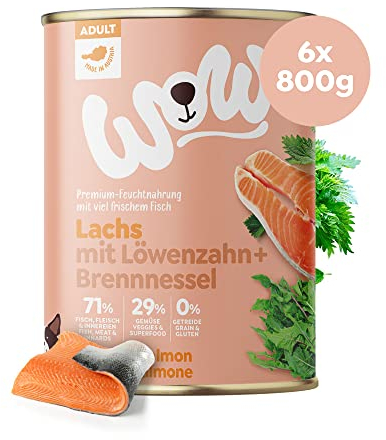 WOW Hundefutter nass Adult mit Lachs, 6X 800g I reichhaltiges Nassfutter für ausgewachsene Hunde Aller Rassen I Beste Qualität mit viel Fisch, Löwenzahn & Brennnessel I hohe Verträglichkeit