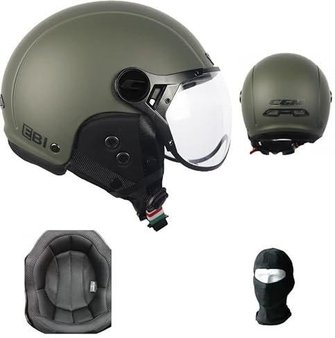Helm für Snowboard, Größe M, Zentimeter, Vorderseite: 57 – 58 cm, Grün, matt, Demi-Jet mit aufklappbarem Visier, Helm, zugelassen nach EN1078 – EN1077