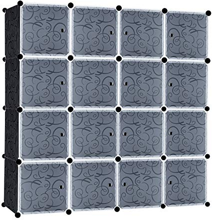 UISEBRT DIY Regalsystem Kleiderschrank aus Kunststoff Steckregal Kleiderschrank Garderobenschrank Schuhregal Kunststoffboxen, 16 Boxen mit Tür, Schwarz mit Muster